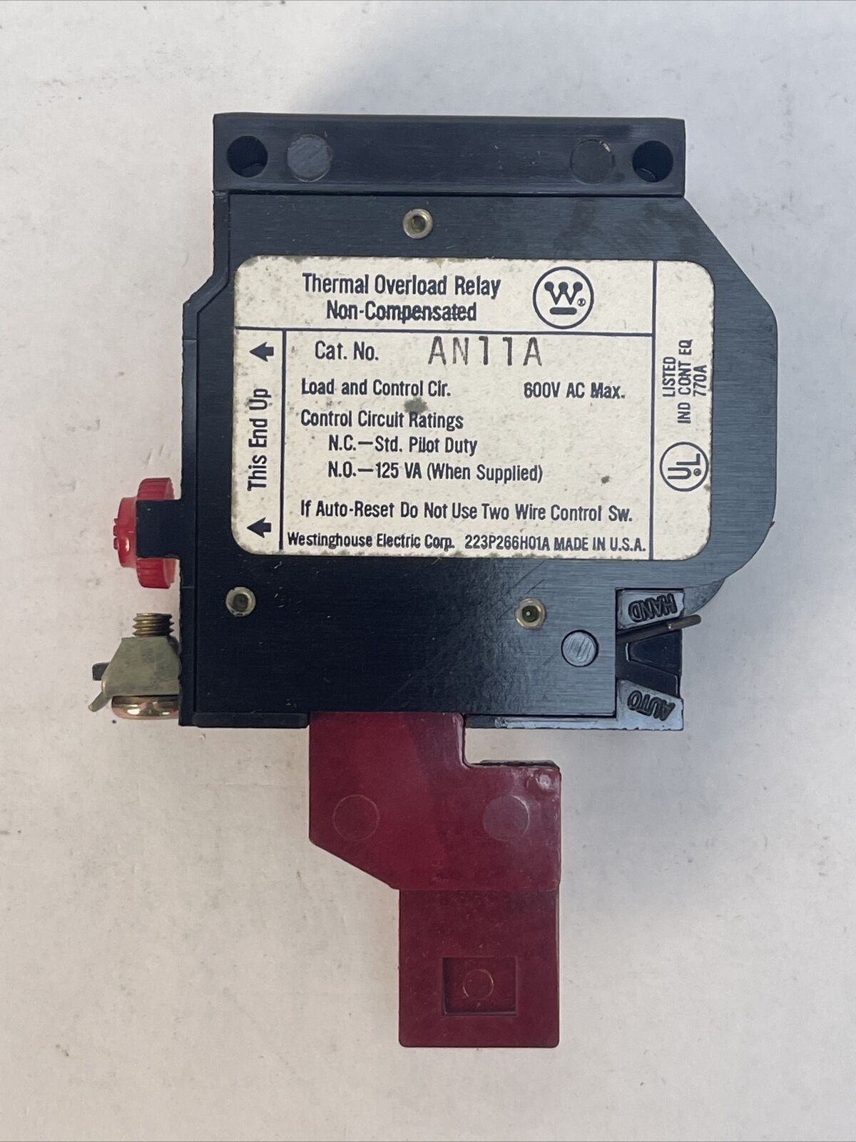WESTINGHOUSE AN11A THERMAL OVERLOAD RELAY 1POLE NEMA SIZE 1 600VAC