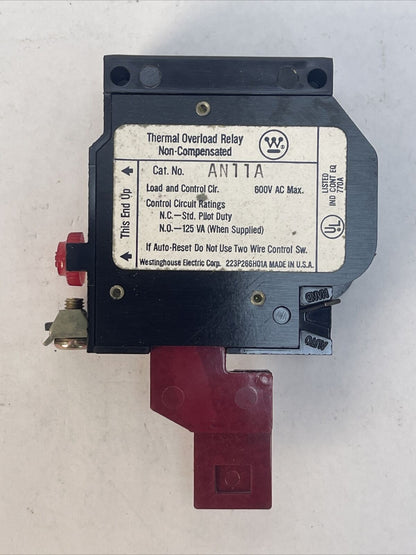 WESTINGHOUSE AN11A THERMAL OVERLOAD RELAY 1POLE NEMA SIZE 1 600VAC
