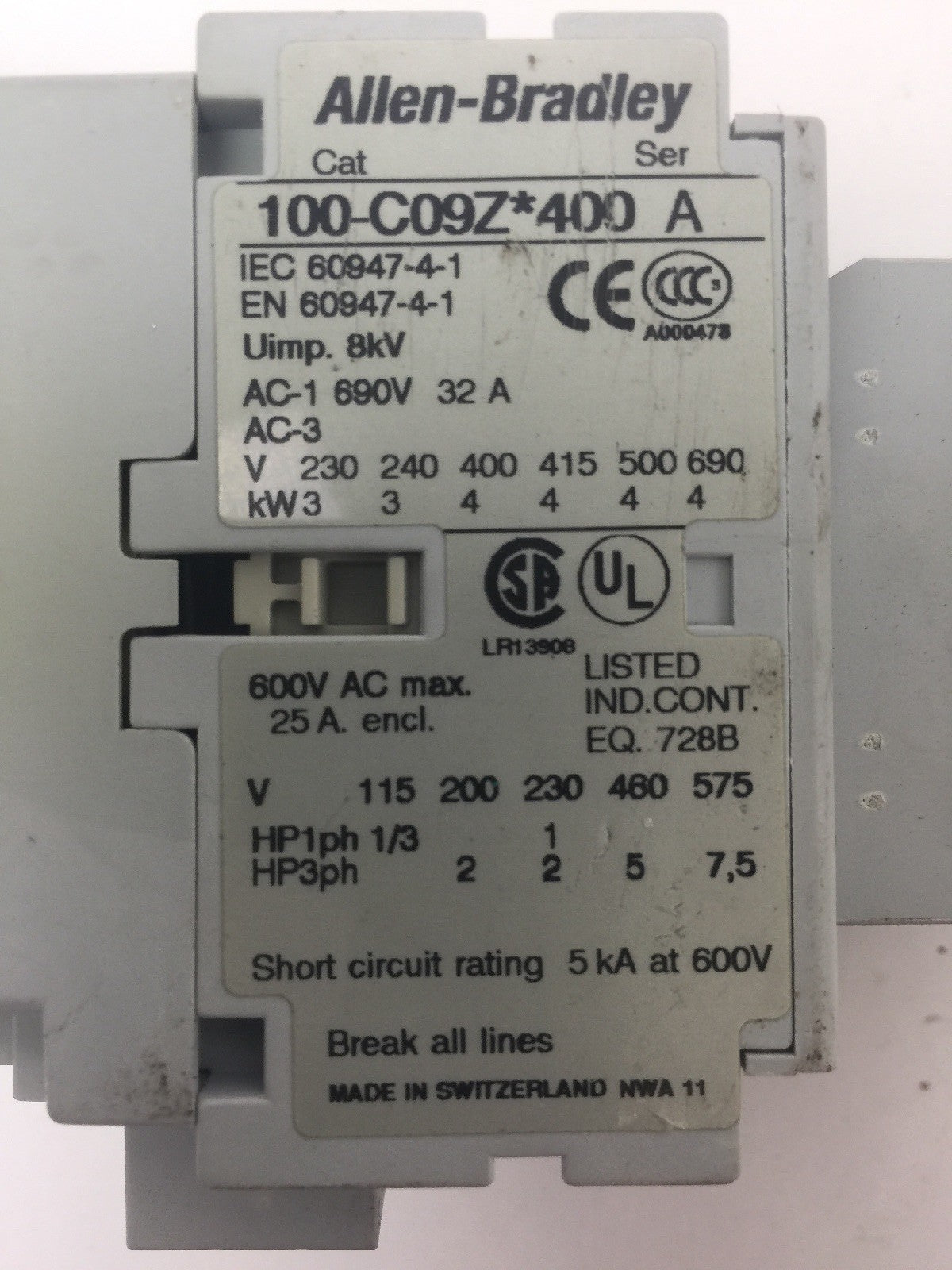 ALLEN BRADLEY 100-C09Z*400 CONTACTOR WITH 100-F COIL 24VDC