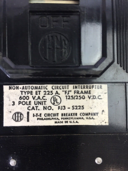 ITE SIEMENS FJ3-S225 CIRCUIT BREAKER 600VAC 125/250VDC 225AMP 3POLE