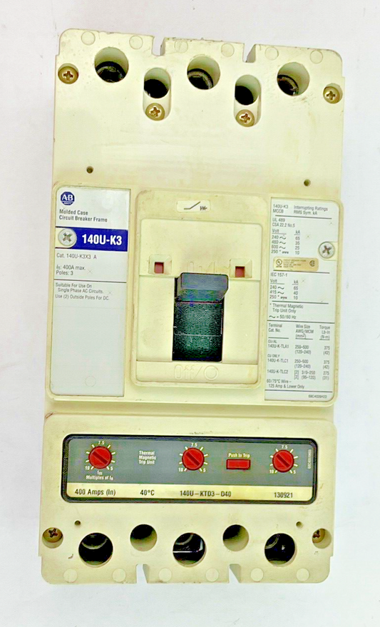 ALLEN BRADLEY 140U-K3X3 CIRCUIT BREAKER 400A W/140U-KTD3-D40 TRIP