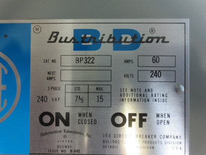 I-T-E BP322 FUSIBLE BUS PLUG - 60A, 240VAC, 3-POLE - NEW SURPLUS