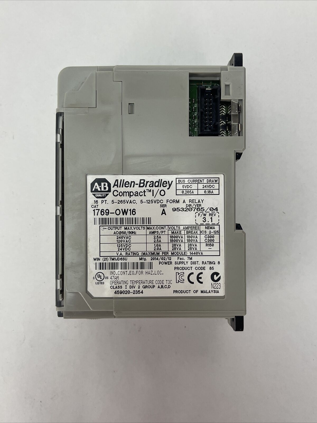 ALLEN BRADLEY 1769-OW16 SER A F/W REV 3.1 16PT 5-265VAC 5-125VDC FORM A RELAY