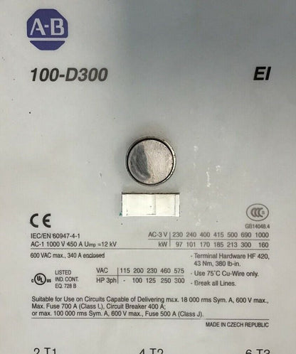 ALLEN BRADLEY 100-D300 STARTER 193-B1N6 40794-150-91-NNM3 130V 50/60HZ