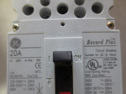GE FCS36TE020R1 RECORD PLUS CIRCUIT BREAKER 20A, 480VAC, 3-POLE - NEW SURPLUS