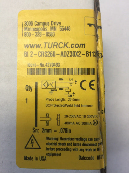 TURCK BI-CRS260-ADZ30X2-B1131/S34 PROXIMITY SWITCH 20-250 VAC 10-300 VDC