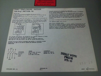 WESTINGHOUSE HUN323 NON FUSIBLE SAFETY SWITCH 100A 240V 3PH 30HP TYPE 1 INDOOR