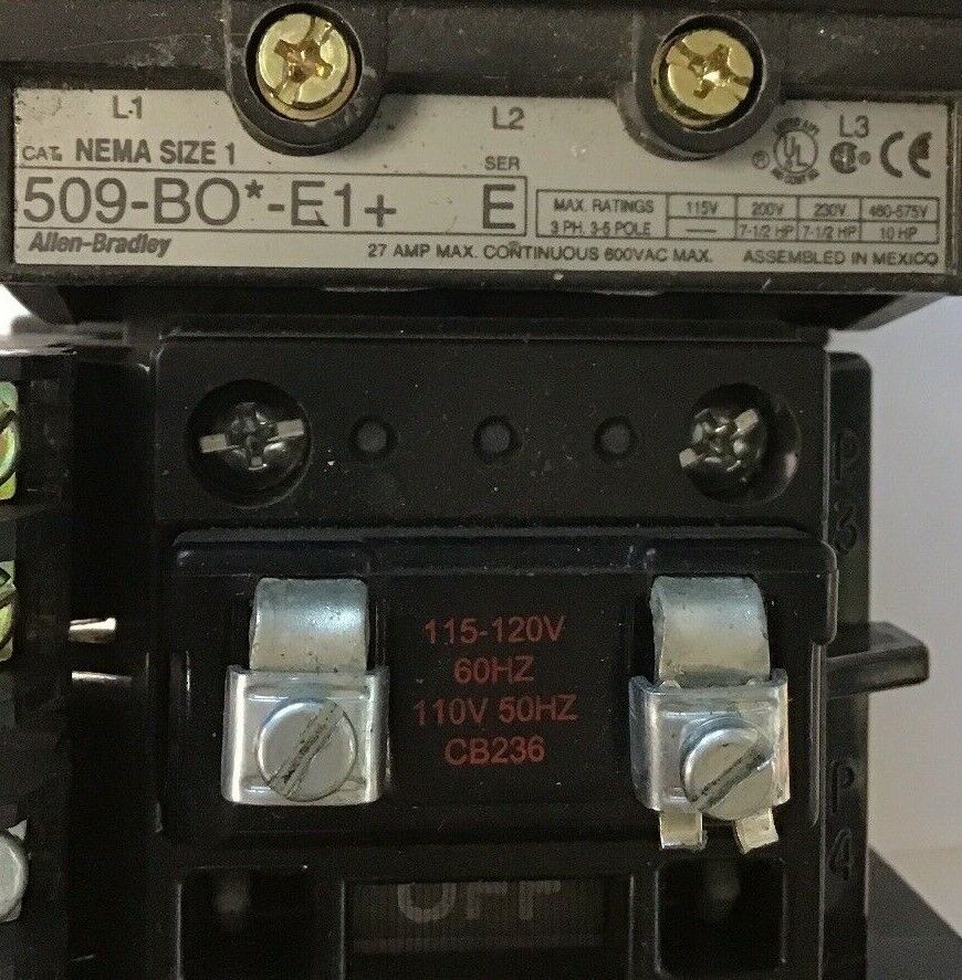 ALLEN-BRADLEY 509-BO*-E1+ SIZE 1 STARTER 120 V COIL  W/592-EECC W/595-A SER.C