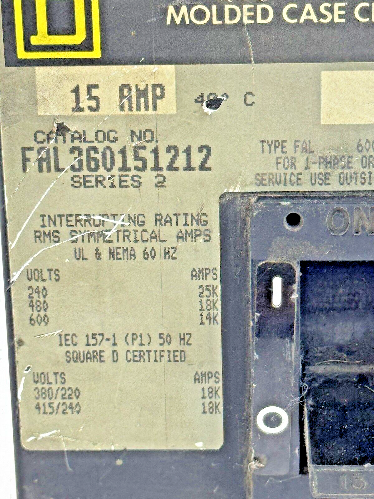 SQUARE D - FAL360151212 - CIRCUIT BREAKER W/ AUX SWITCH - 3 POLE/ 15 A/ 600 VAC