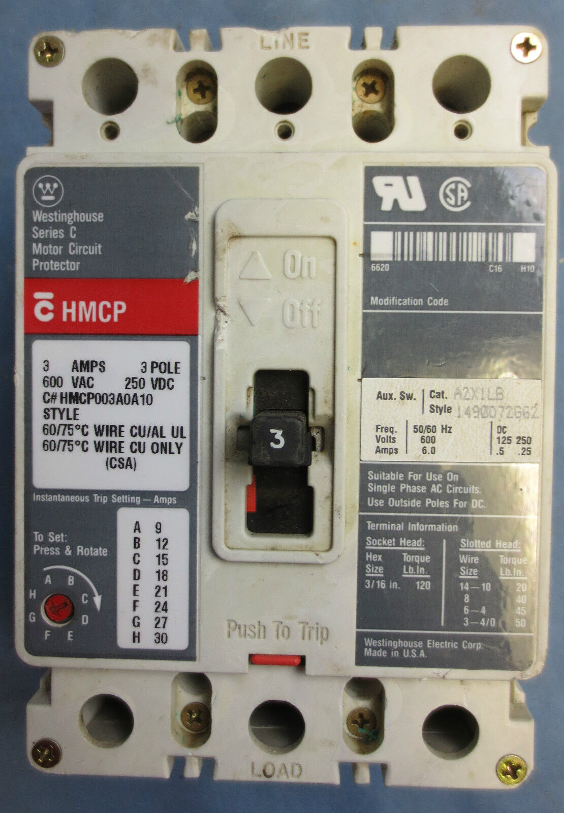 CUTLER-HAMMER HMCP003A0A10 SERIES C MOTOR CIRCUIT PROTECTOR / CIRCUIT BREAKER 3A