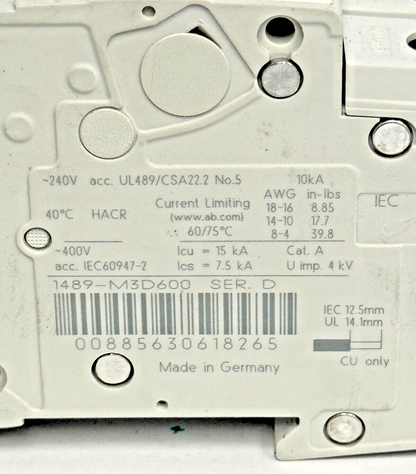 ALLEN-BRADLEY - 1489-M3D600 SER. D - CIRCUIT BREAKER - 3 P, 60 A, 240 V