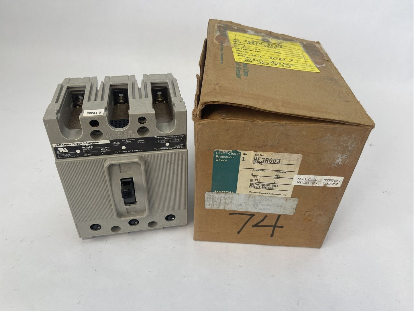 ITE HE3A003 MOTOT CIRCUIT INTERRUPTER 3AMP 480VAC 3POLE TYPE HE ETI