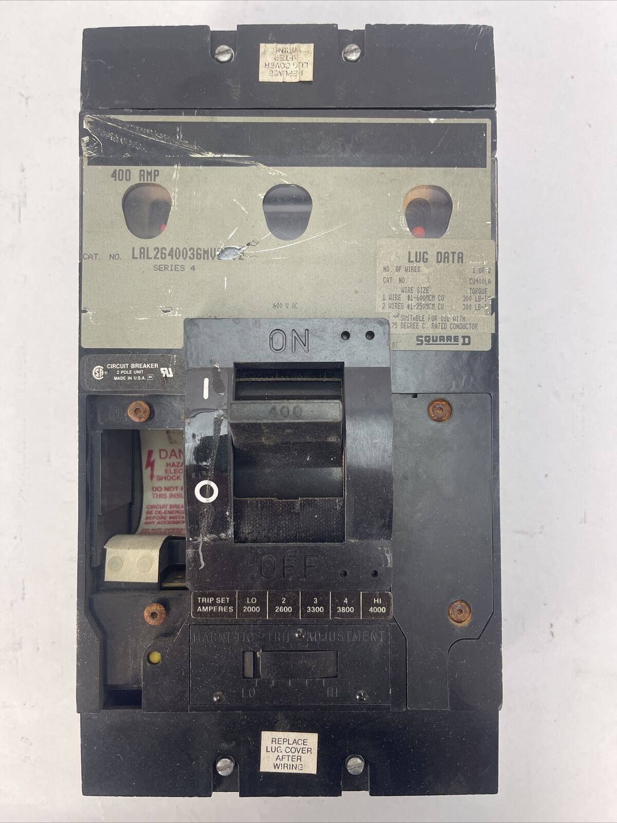 SQUARE D LAL2640036MV SERIES 4 CIRCUIT BREAKER 400AMP 600VAC 2POLE