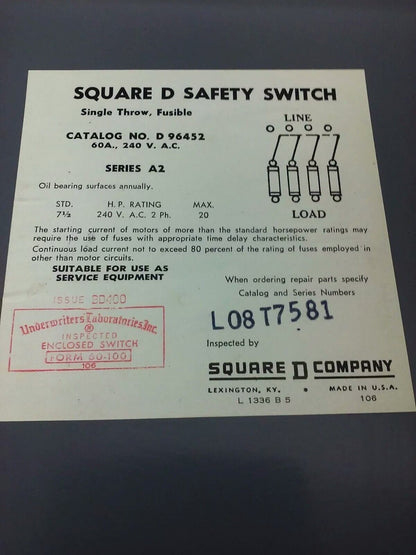 SQ. D D96452 SER. A2 SAFETY SWITCH, 60A, 240V, 2PH, MAX H.P. 20, FUSIBLE, NEW