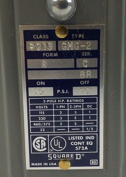 SQUARE D 9013-GMG-2 PRESSURE SWITCH - Ser. C, Class 9013, Type GMG-2, Form R