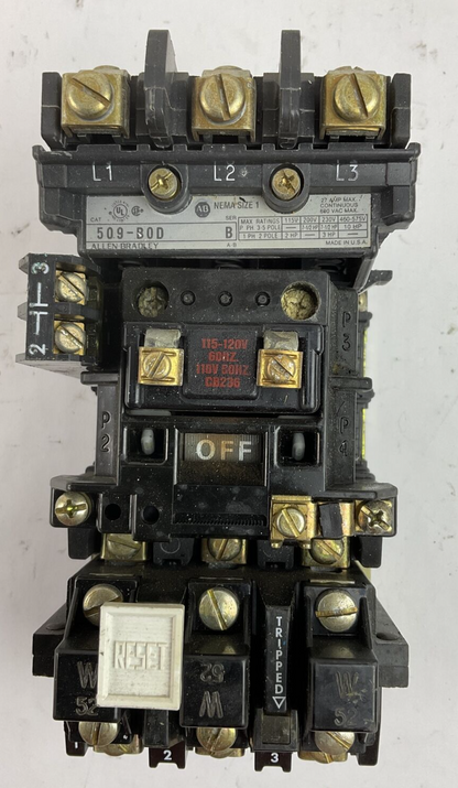 ALLEN BRADLEY 509-BOD SER B 600VAC 27A 10HP COIL 115-120V W52 HEATERS 509-B0D