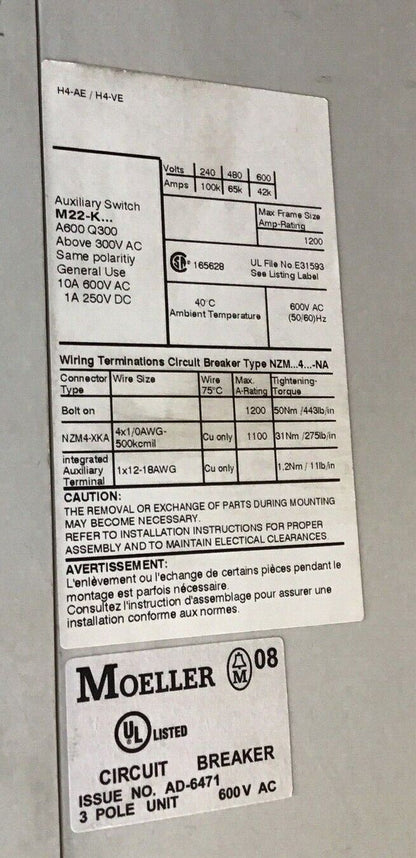 MOELLER NZM4 H4-AE / H4-VE CIRCUIT BREAKER 1200A W/ AE 800-NA 800A TRIP