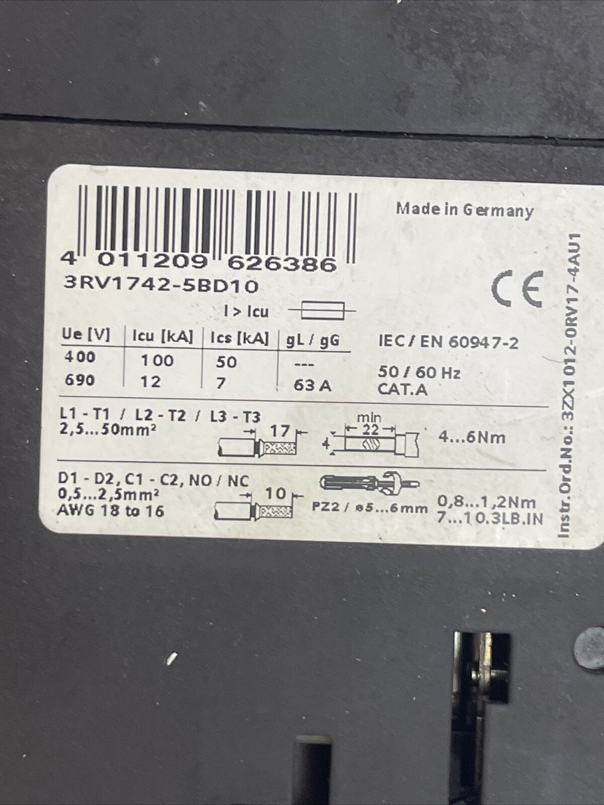 SIEMENS 3RV1742-5BD10 CIRCUIT BREAKER 600VAC 600Y/347VAC 20kA 480Y/277VAC 65kA