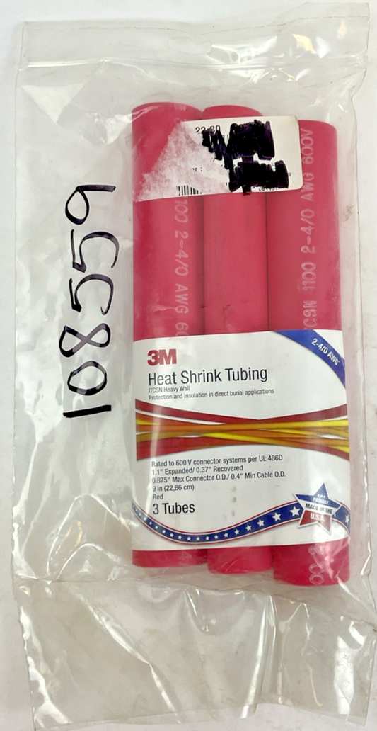 3M HEAT SHRINKING TUBING 2-4/0AWG 9IN 1.1"EXP.-0.37REC.  RED 3PACK