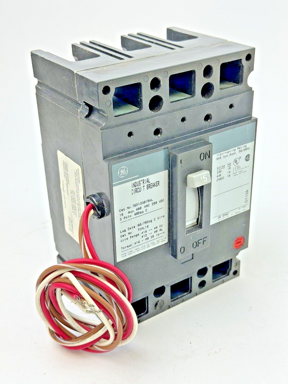 GE - TED134015 - IND. CIRCUIT BREAKER W/ AUX SWITCH - 15A, 480 VDC, 3 POLE - NEW