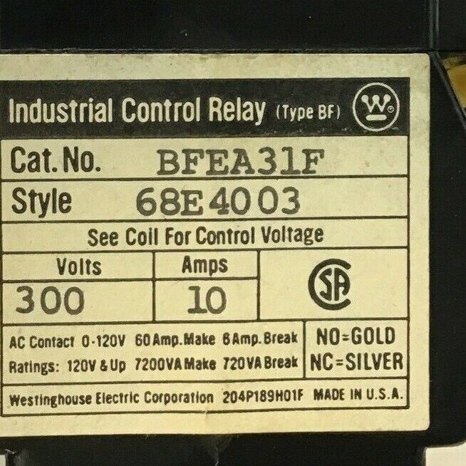 WESTINGHOUSE BFEA31F CONTROL RELAY 300V 10AMPS