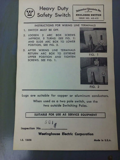 WESTINGHOUSE HU-322 SAFETY SWITCH 60A, 240V, 3P, NON FUSIBLE, 15-30 H.P., NEW