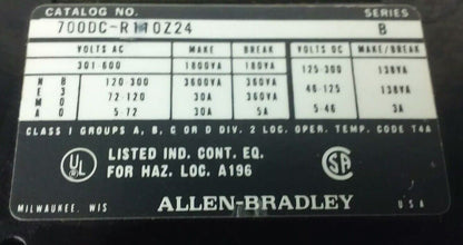 ALLEN BRADLEY, 700DC-R110Z24 SER.B, 600V, 30A, 24V DC COIL, MISSING PARTS