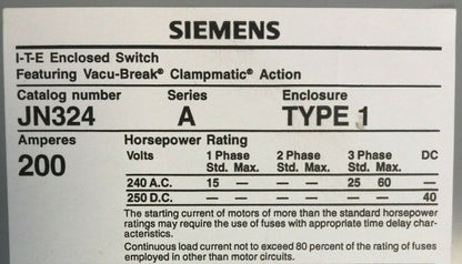 SIEMENS ITE JN324 VACU-BREAK SWITCH WITH CLAMPMATIC CONTACTS SER S 200A 240VAC