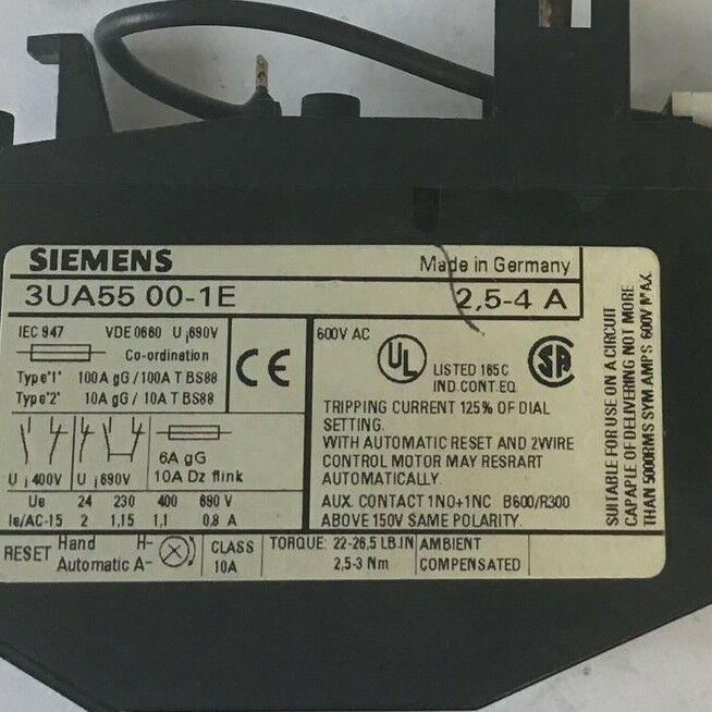 SIEMENS 3UA5500-1E RELAY 2,5-4A 600VAC