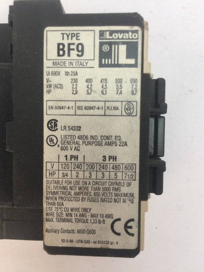 LOVATO BF9 CONTACTOR 600VAC 22AMP 7.5HP COIL 58V 60HZ 48V 50HZ