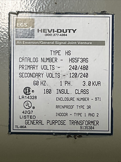 EGS HS5F3AS PRI VOLTS 240/480 SEC VOLTS 120/240 1PH 3.0KVA TRANSFORMER