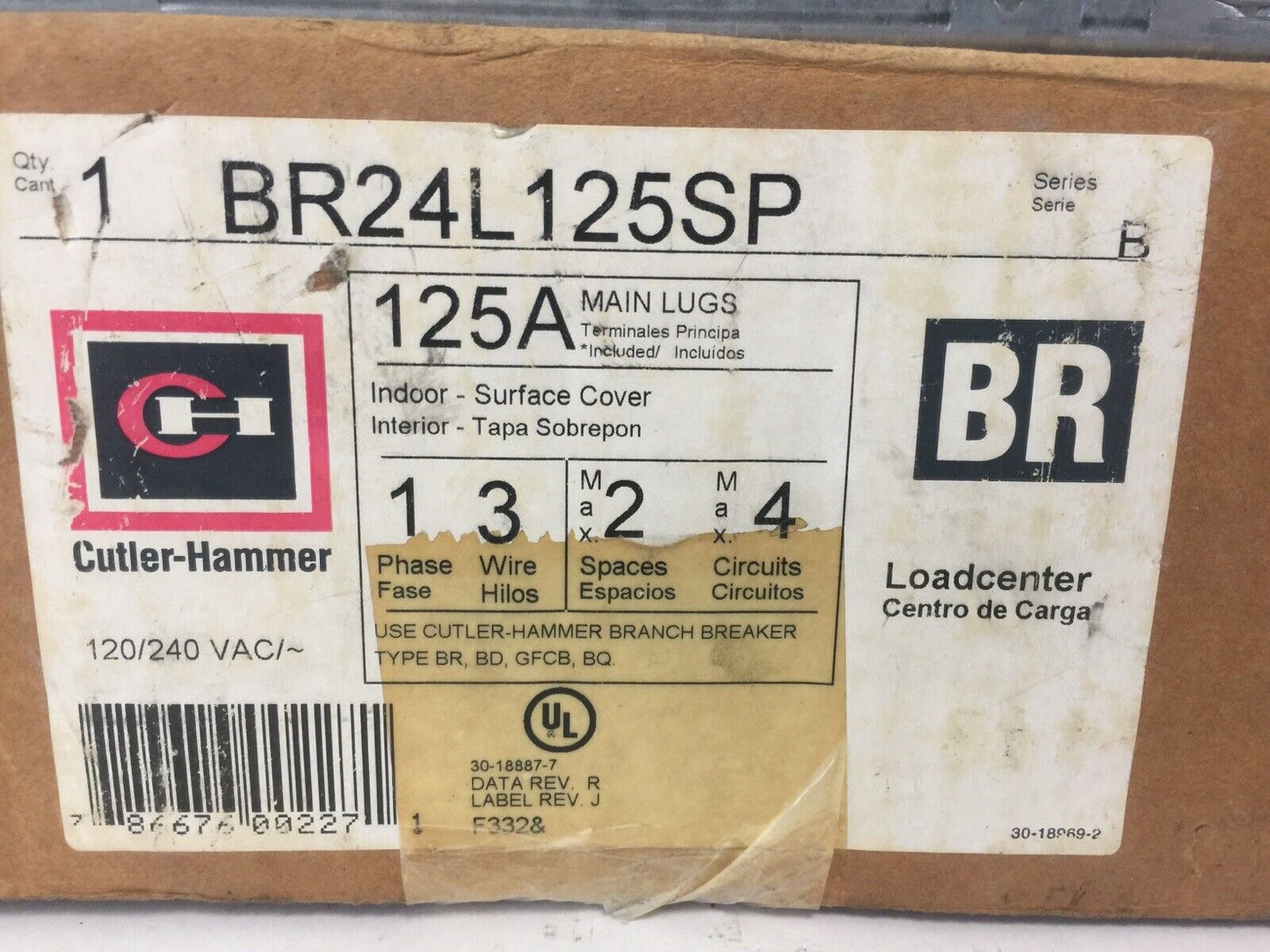 CUTLER HAMMER BR24L125SP BR LOAD CENTER 125A MAIN LUGS 120/240VAC