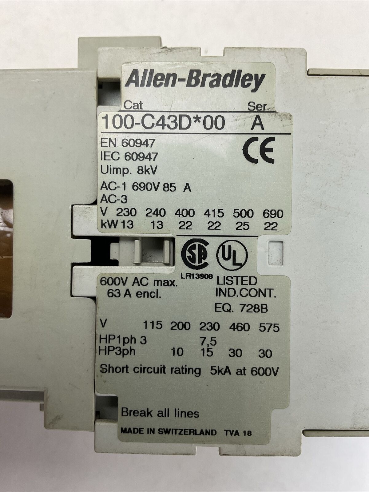 ALLEN BRADLEY 100-C43D*00 CONTACTOR SER A 600VAC 63A 3PH 30HP COIL 24VDC 100-F