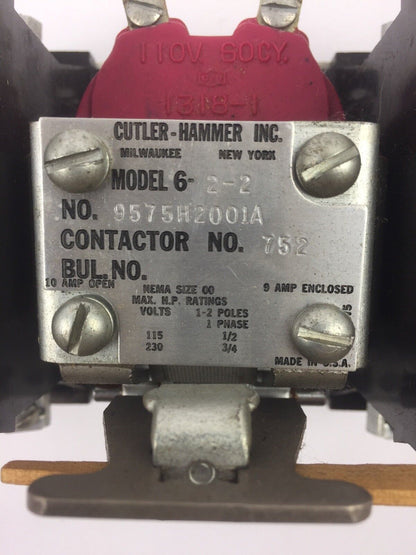 CUTLER HAMMER 9575H2001 MAGNETIC A.C. RELAY 110V 60CYC 2 POLE SIZE 00 OPEN TYPE