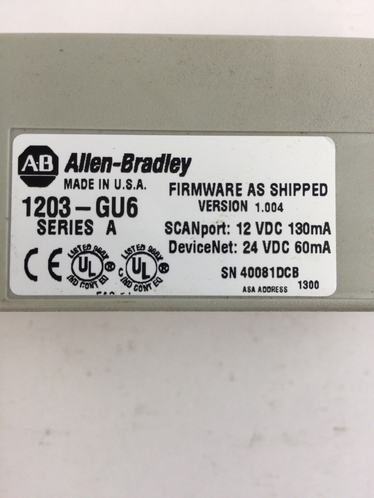 ALLEN BRADLEY 1203-GU6 SER A FIRMWARE AS SHIPPED VERSION 1.004 DEVICENET 24VDC