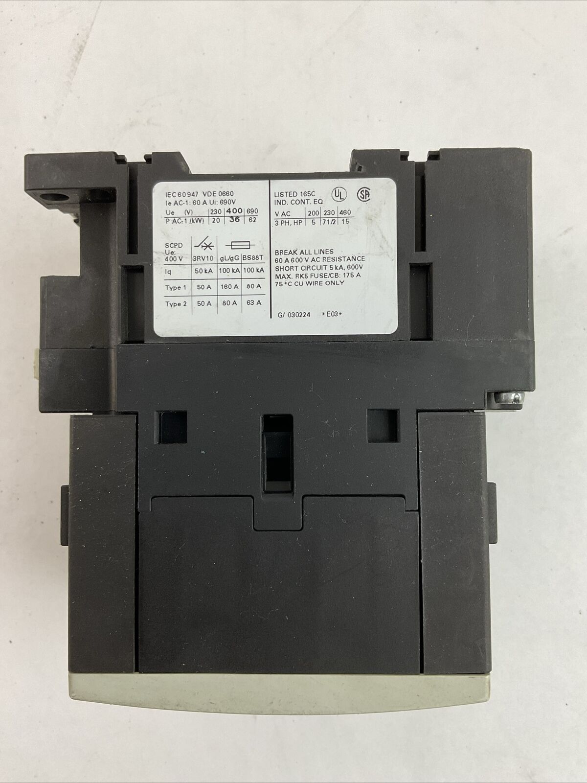 SIEMENS 3RT1336-1AC20 CONTACTOR 60A 60VAC 3PH 15HP COIL 24V 50/60HZ