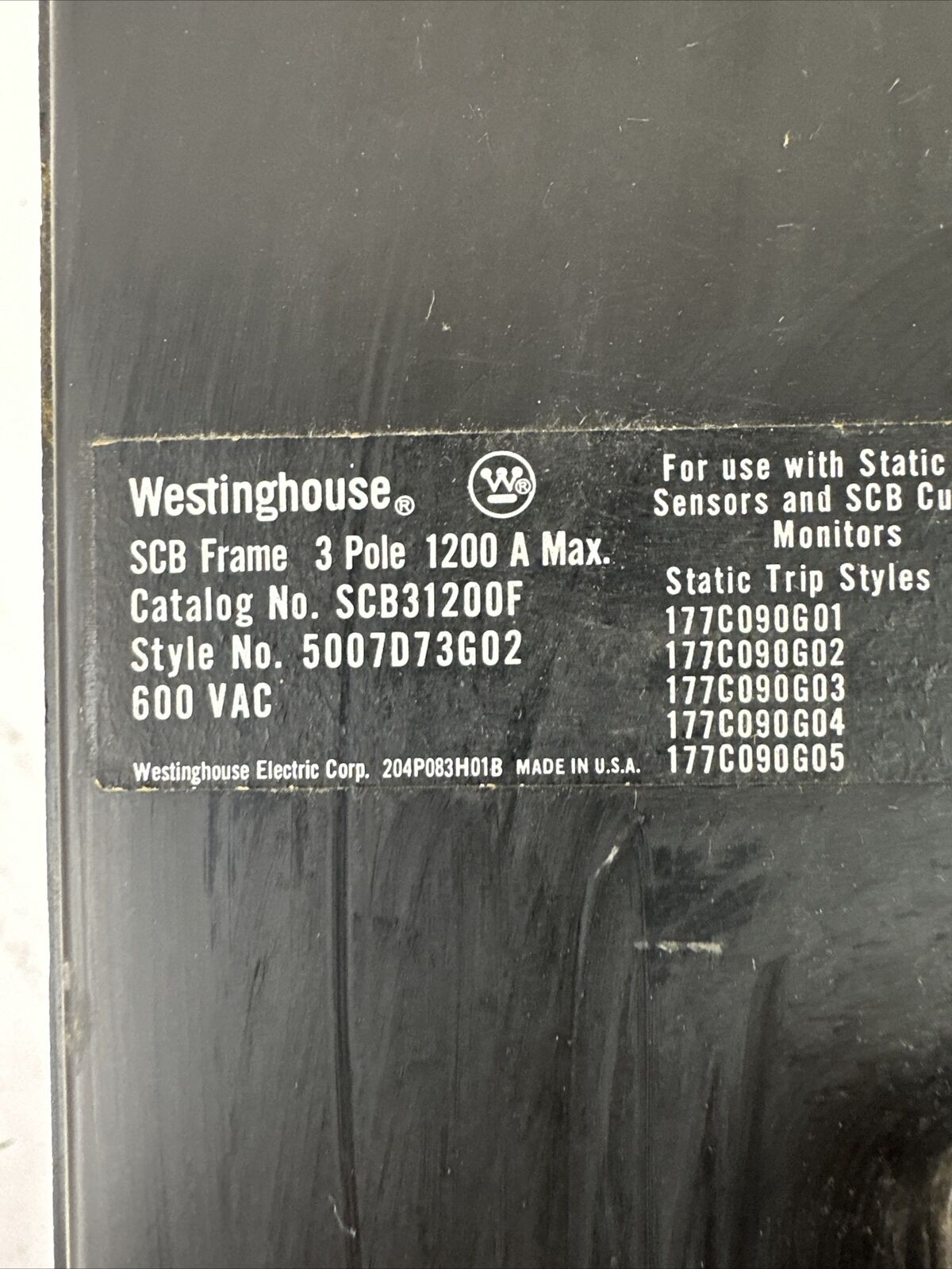 WESTINGHOUSE SCB31200F CIRCUIT BREAKER 3POLE 1200A 600VAC 5007D73G02