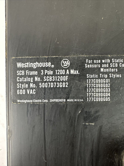WESTINGHOUSE SCB31200F CIRCUIT BREAKER 3POLE 1200A 600VAC 5007D73G02