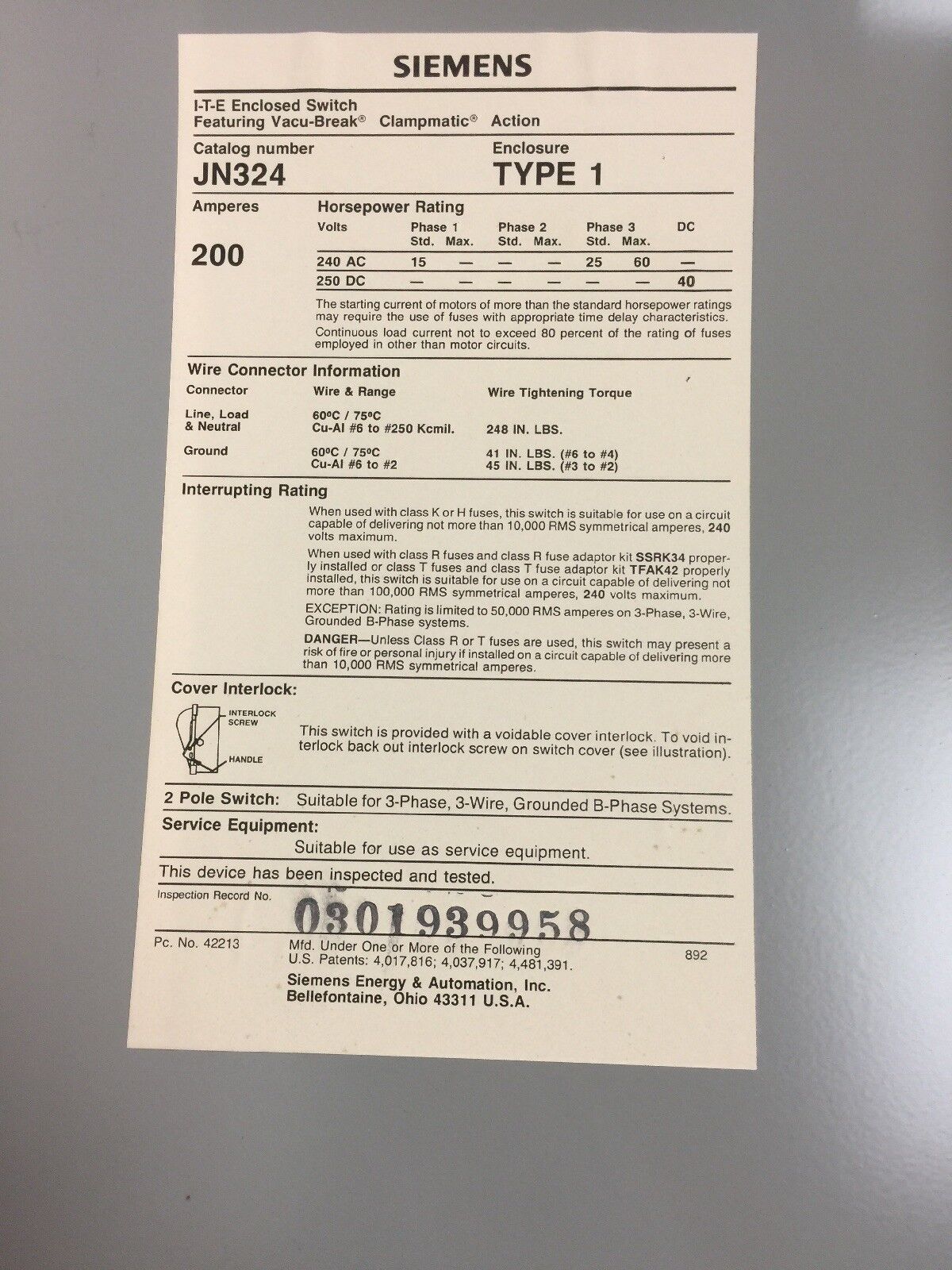 ITE JN324 200 AMP 240 VAC VACU-BREAK SWITCH WITH CLAMPMATIC CONTACTS