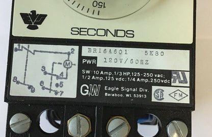 EAGLE SIGNAL BR16A601 RESET TIMER 150SEC. 120V/60HZ 5K80 10A 1/3HP 125-250VAC