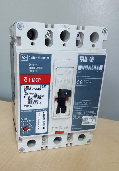 Cutler Hammer HMCP003A0C 3 Amp 600 VAC 250 VDC 3 Pole Ciruit Breaker 6601C87G01