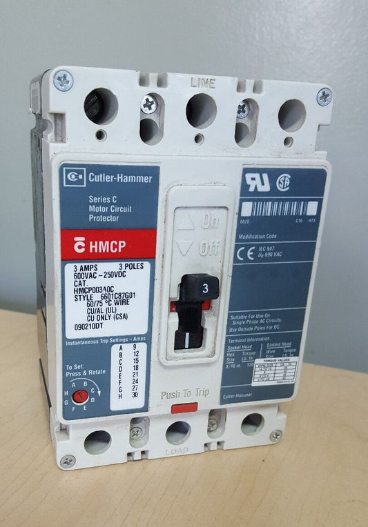Cutler Hammer HMCP003A0C 3 Amp 600 VAC 250 VDC 3 Pole Ciruit Breaker 6601C87G01