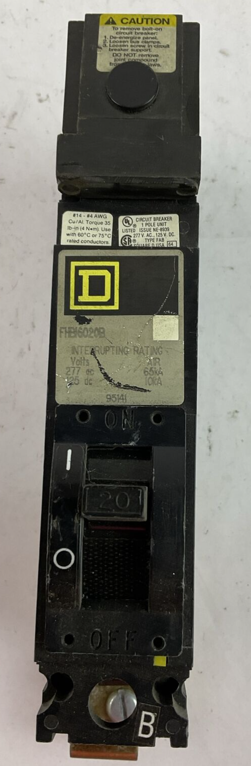 SQUARE D FHB16020 CIRCUIT BREAKER 20AMP 1POLE 277VAC 125VDC