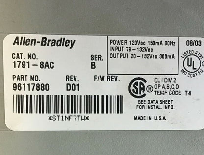 ALLEN BRADLEY 1791-8AC I/O BLOCK MODULE SER.B REV.D01 132VAC 60HZ