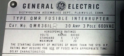 GE TYPE QMR QMR361L QMR361R FUSIBLE TWIN PANELBOARD SWITCH 3P 30A 600V 20HP