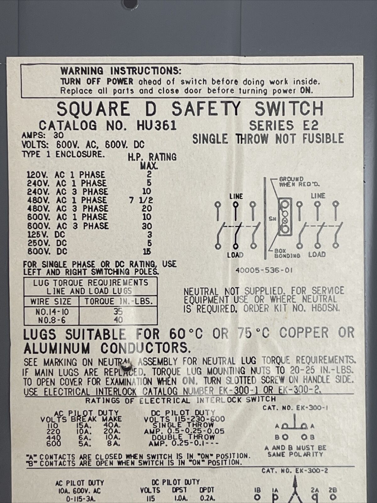 SQUARE D HU361 SERIES E2 SAFETY SWITCH 600V 30AMP 30HP NON-FUSIBLE 3P TYPE 1