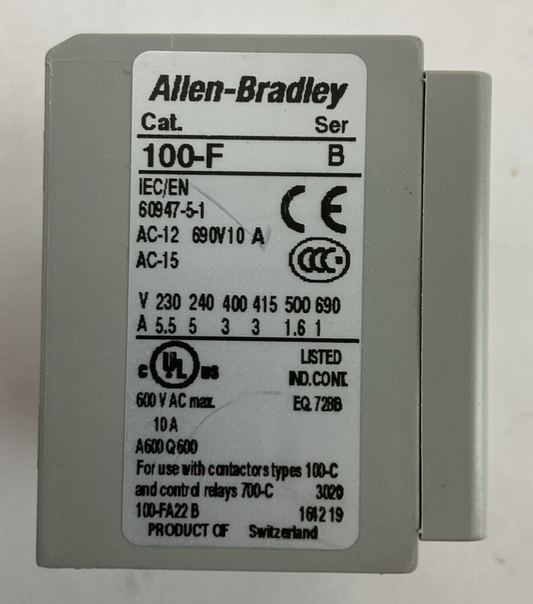 ALLEN BRADLEY 100-FA22 AUXILIARY CONTACT SER B 600VAC 10A FRONT MOUNT