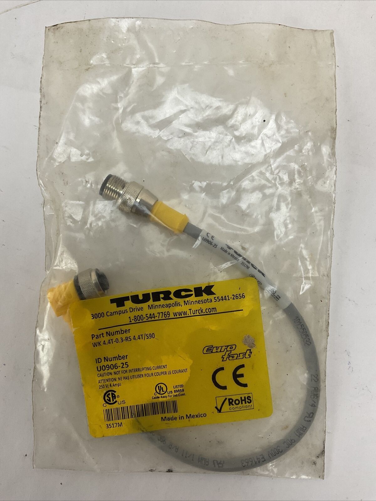 TURCK WK 4.4T-0.3-RS 4.4T/S90 CORDSET 250V 4A