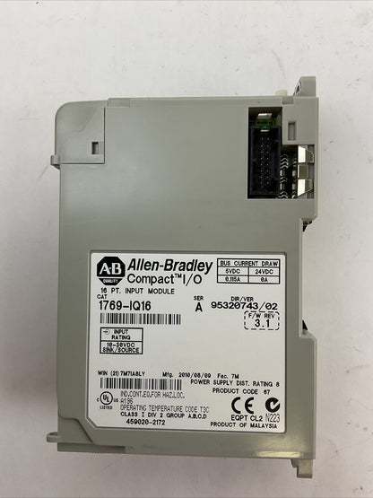 ALLEN BRADLEY 1769-IQ16 SER A F/W REV 3.1 DIR/VER 95320743/02 16PT INPUT MODULE