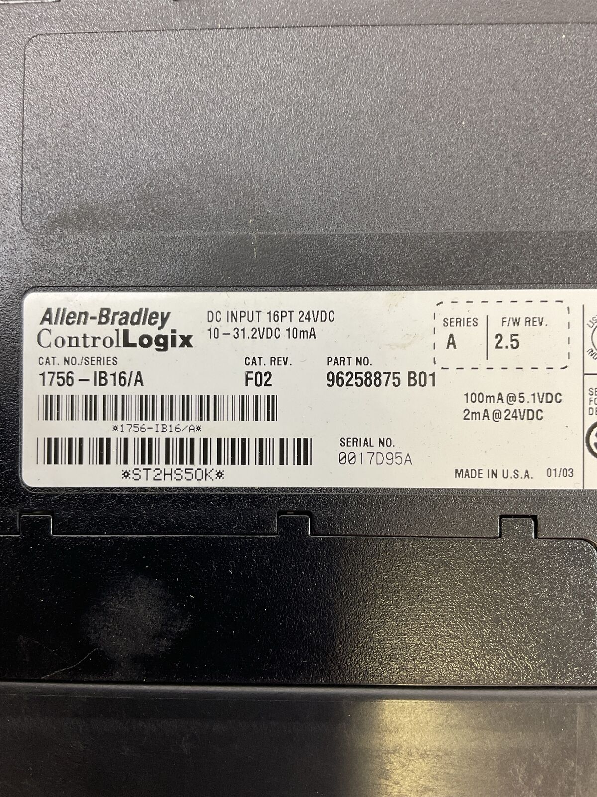 ALLEN BRADLEY 1756-IB16 SER A CAT REV F02 F/W REV 2.5 DC INPUT 16PT 24VDC